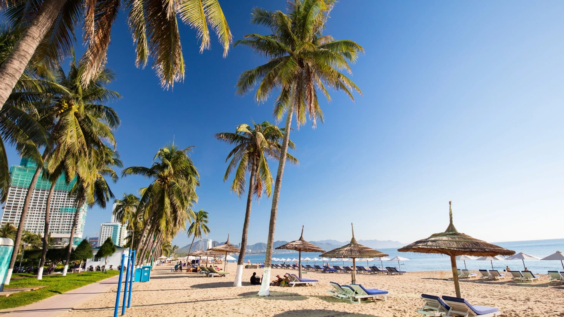 芽莊主海灘 Nha Trang Beach 白沙與椰林，6 公里海岸線