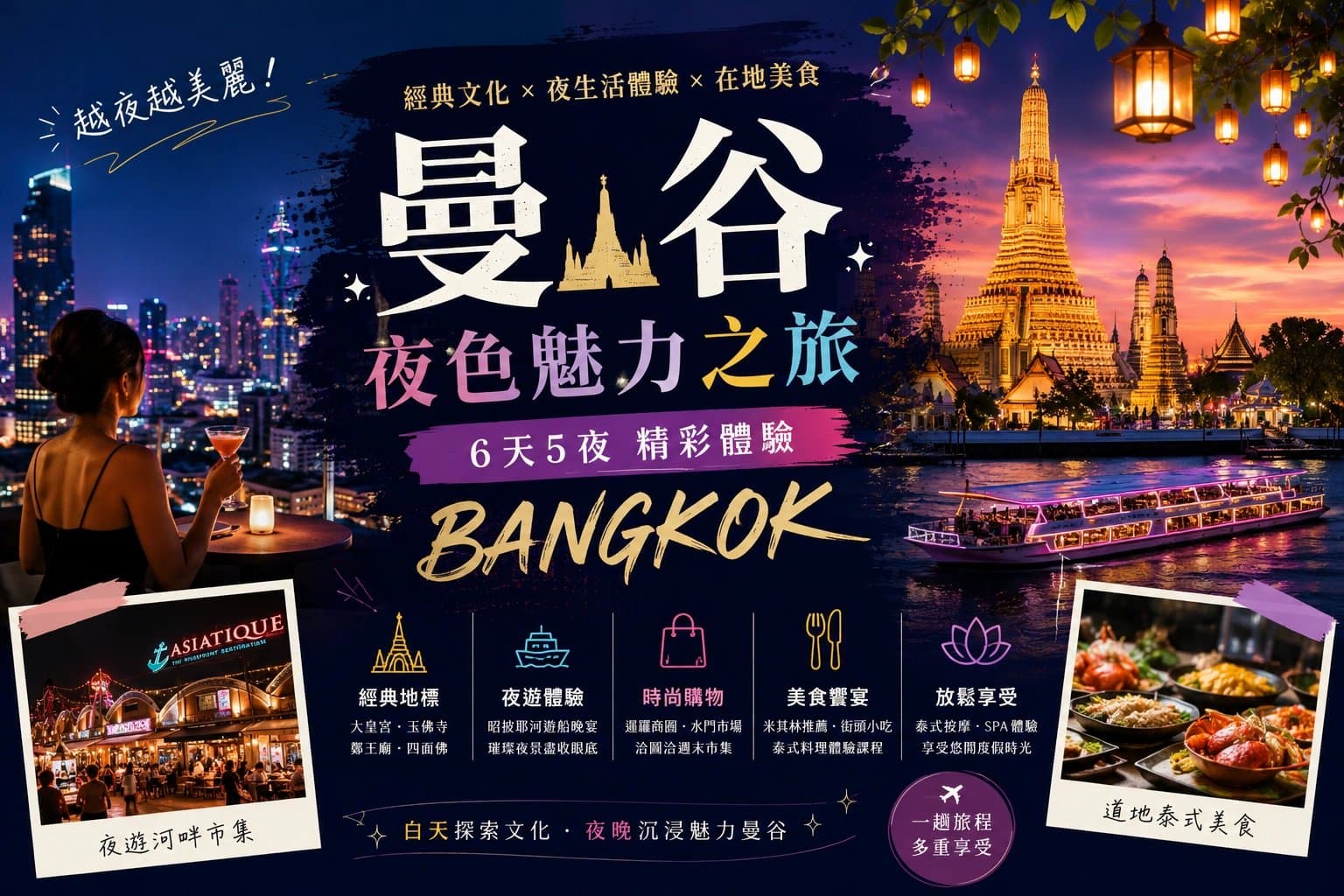 曼谷鄭王廟夜景與河岸：夜色魅力六日之旅主視覺